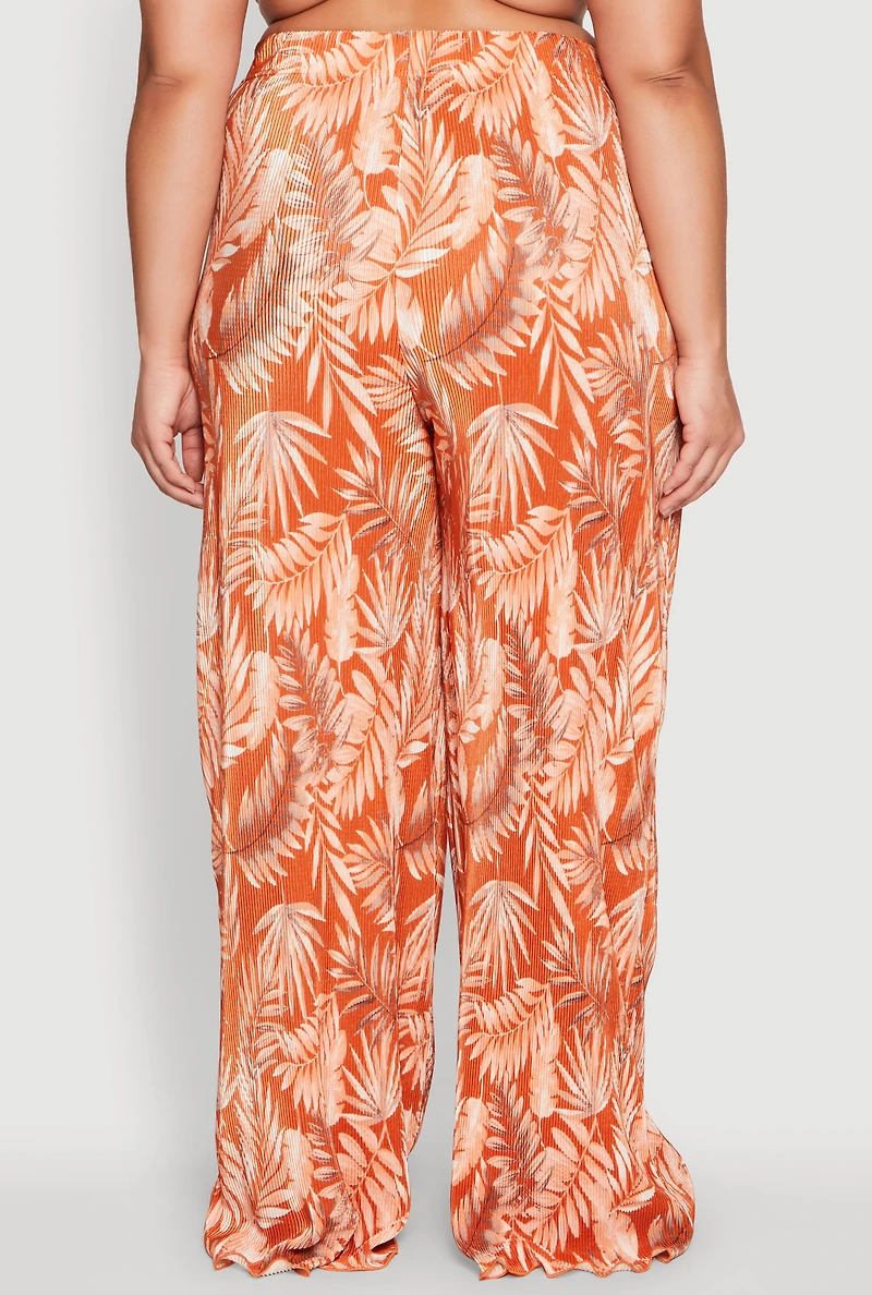 Womens Plus Size Almost Famous Plisse Leaf Print Pants, Orange, Size 3X