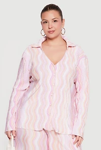 Plus Plisse Wavy Stripe Button Front Shirt