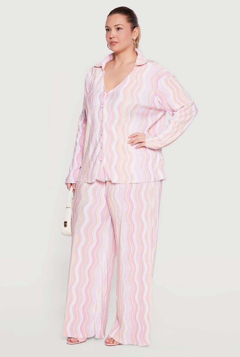 Plus Plisse Wavy Stripe Button Front Shirt