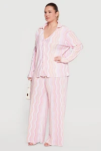 Plus Plisse Wavy Stripe Button Front Shirt