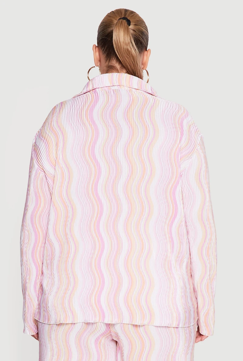 Plus Plisse Wavy Stripe Button Front Shirt