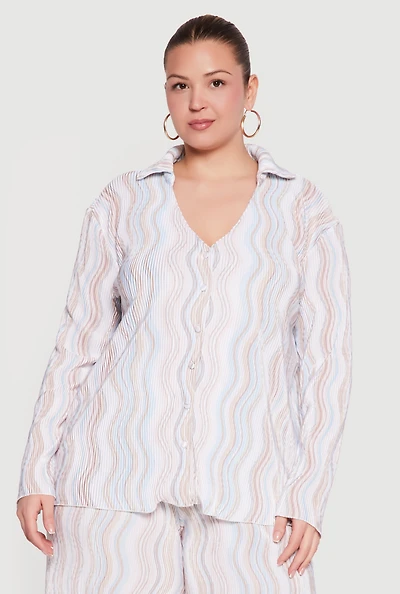 Plus Plisse Wavy Stripe Button Front Shirt