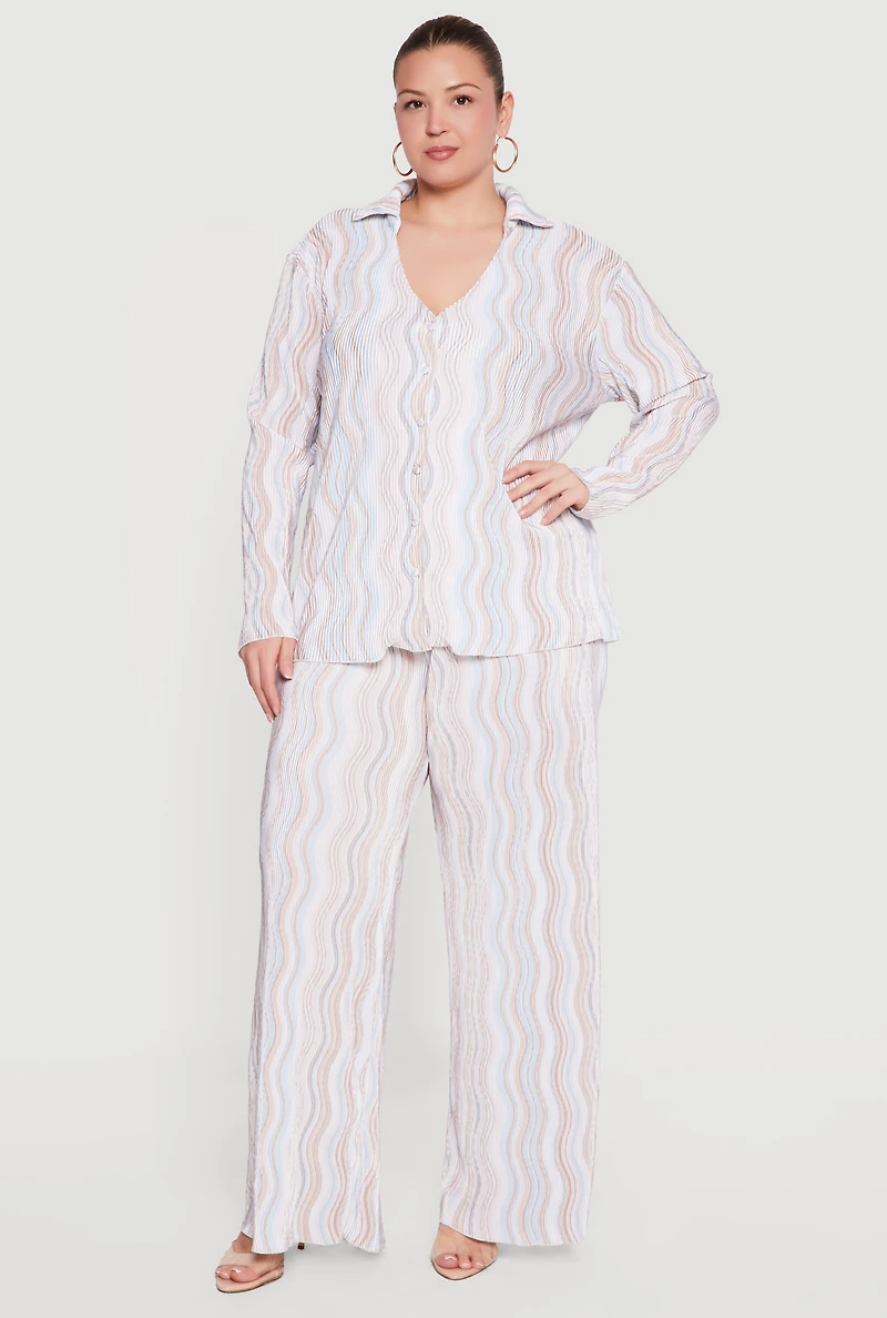 Plus Plisse Wavy Stripe Button Front Shirt