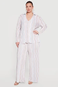 Plus Plisse Wavy Stripe Button Front Shirt