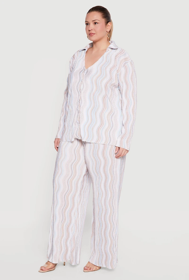 Plus Plisse Wavy Stripe Button Front Shirt