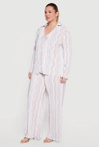 Plus Plisse Wavy Stripe Button Front Shirt