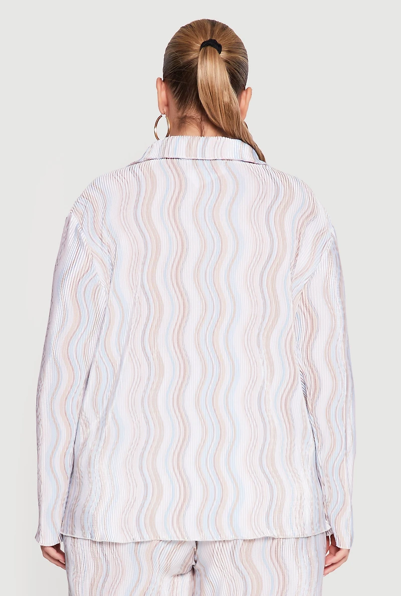 Plus Plisse Wavy Stripe Button Front Shirt