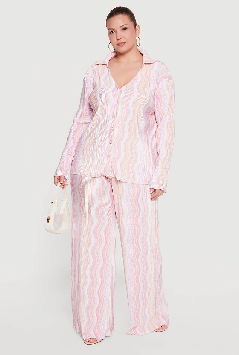 Plus Plisse Wavy Stripe High Waisted Pull On Pants
