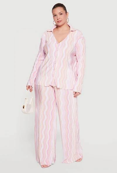 Plus Plisse Wavy Stripe High Waisted Pull On Pants