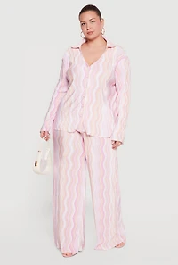 Plus Plisse Wavy Stripe High Waisted Pull On Pants