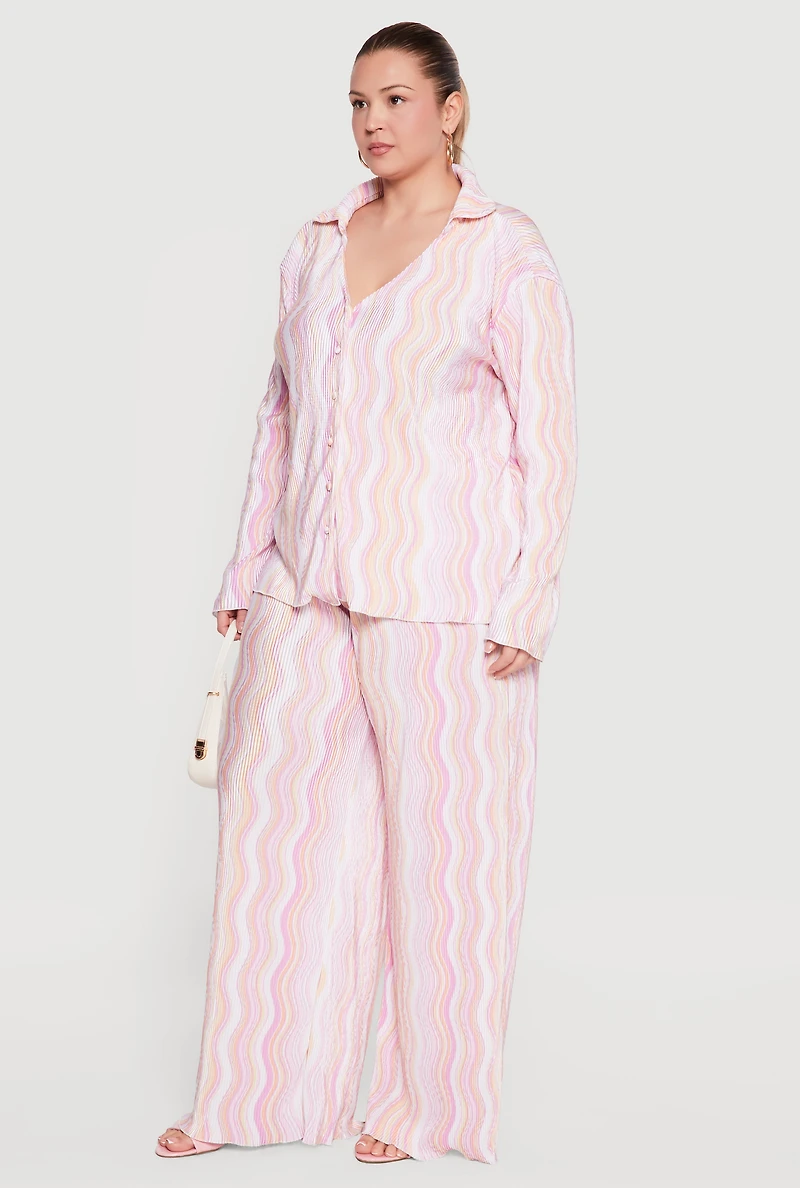 Plus Plisse Wavy Stripe High Waisted Pull On Pants