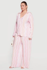 Plus Plisse Wavy Stripe High Waisted Pull On Pants