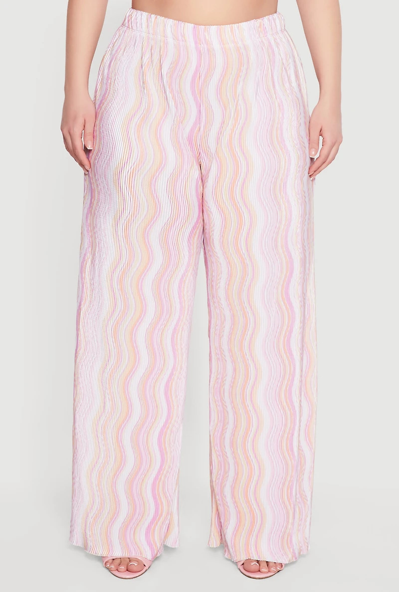 Plus Plisse Wavy Stripe High Waisted Pull On Pants