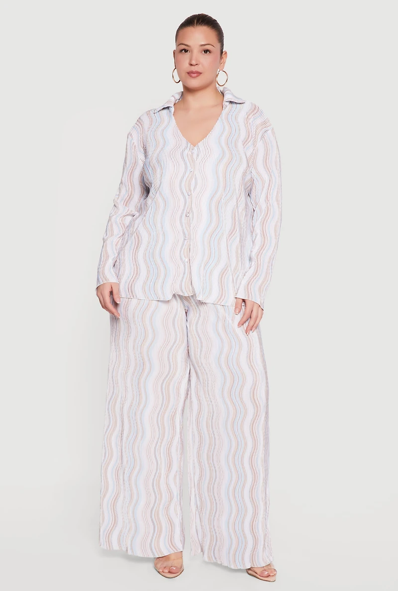 Plus Plisse Wavy Stripe High Waisted Pull On Pants