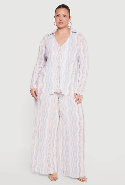Plus Plisse Wavy Stripe High Waisted Pull On Pants