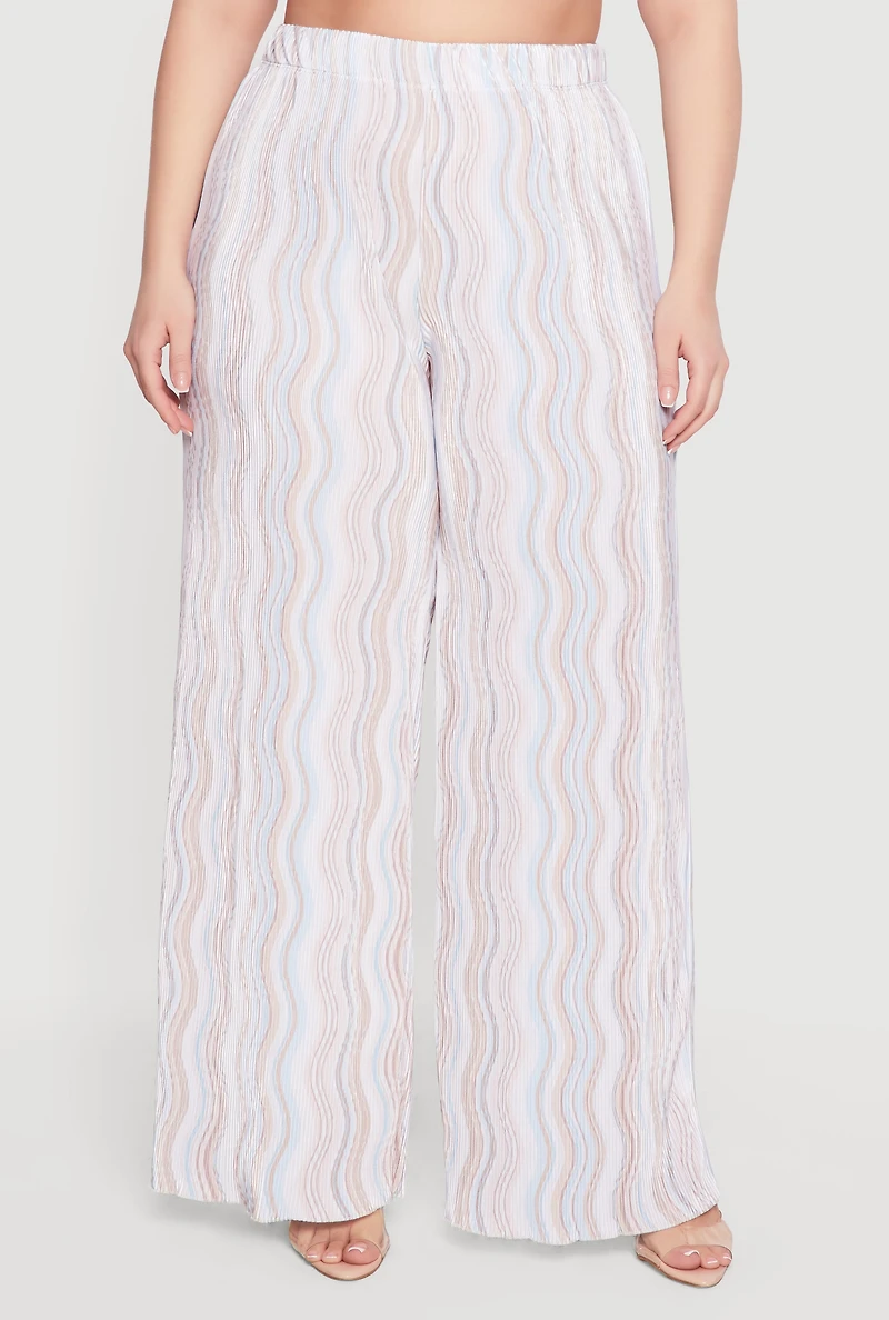 Plus Plisse Wavy Stripe High Waisted Pull On Pants