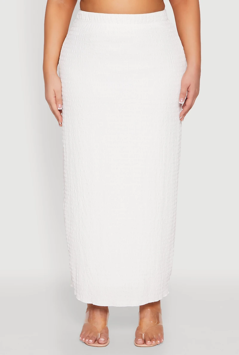 Womens Plus Size Almost Famous Textured High Waist Maxi Skirt, White, Size 1X