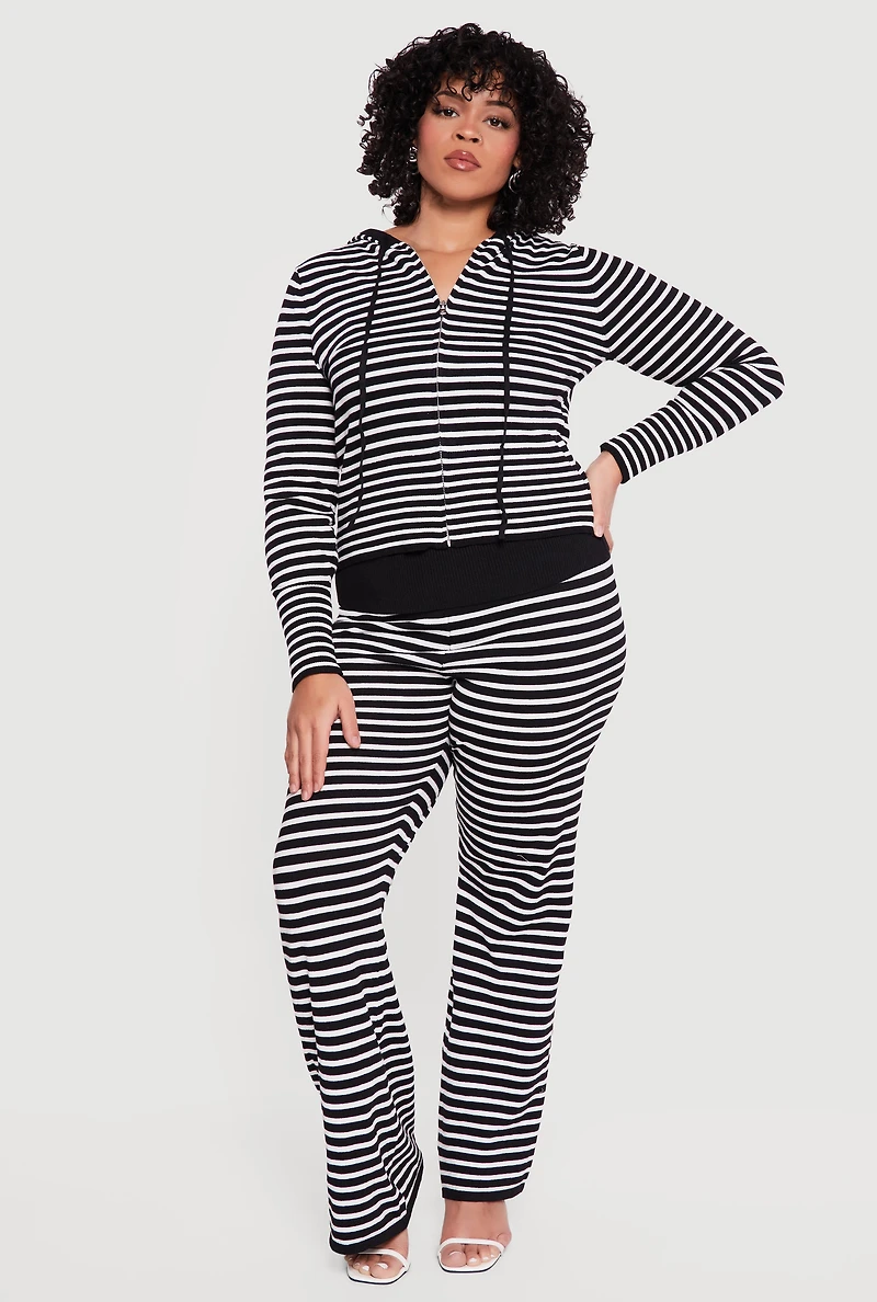 Plus Almost Famous Striped Rib Knit Zip Front Hoodie
