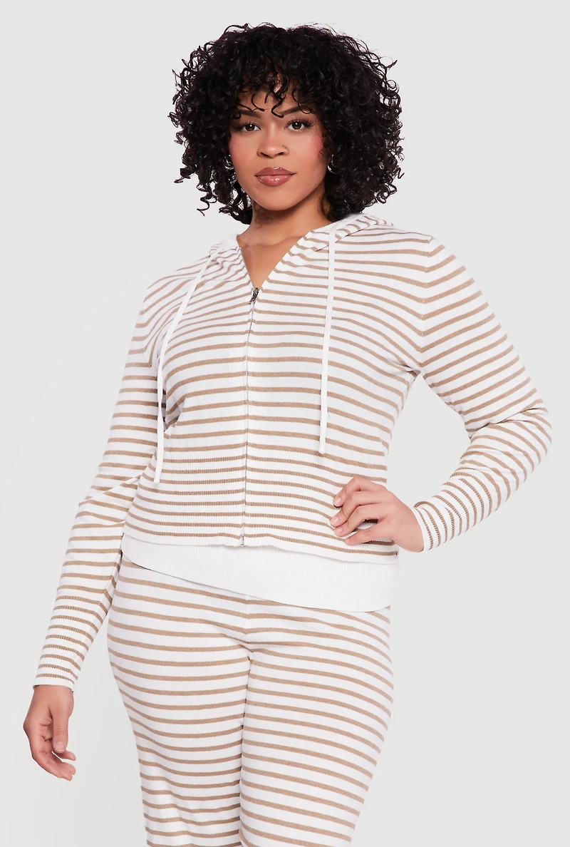 Plus Almost Famous Striped Rib Knit Zip Front Hoodie