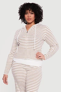 Plus Almost Famous Striped Rib Knit Zip Front Hoodie