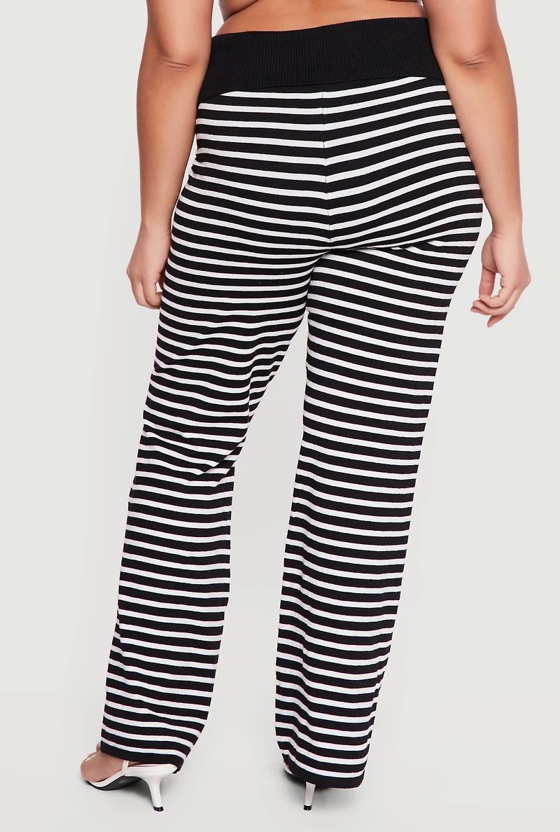 Plus Fold Over High Waisted Striped Ribbed Knit Pants
