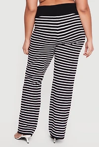 Plus Fold Over High Waisted Striped Ribbed Knit Pants