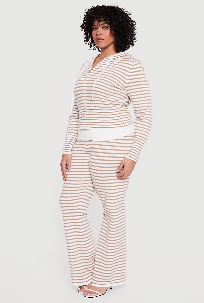 Plus Fold Over High Waisted Striped Ribbed Knit Pants