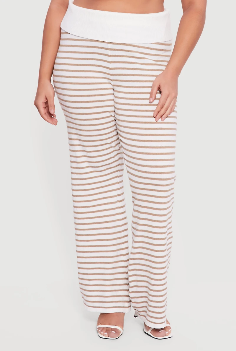 Plus Fold Over High Waisted Striped Ribbed Knit Pants