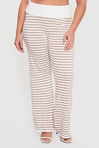 Plus Fold Over High Waisted Striped Ribbed Knit Pants
