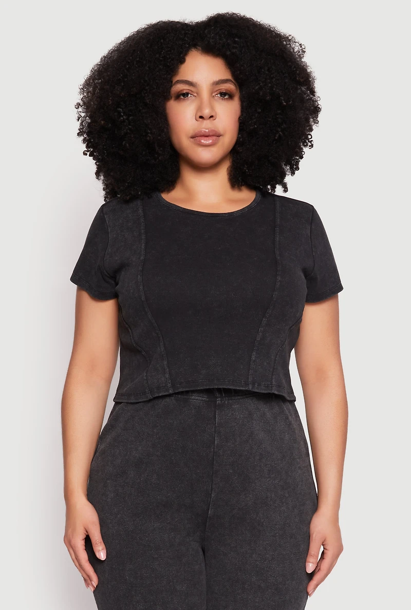Womens Plus Size Almost Famous Acid Wash Crop Top, Black, Size 1X