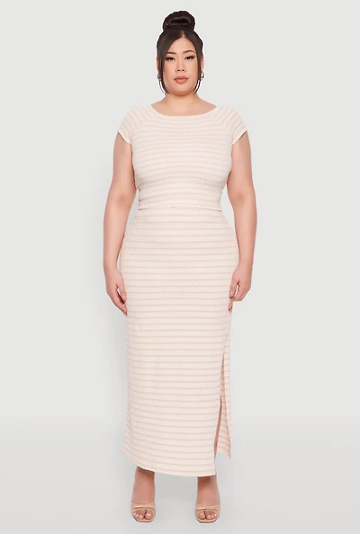 Plus Almost Famous Textured Knit Striped Side Slit Skirt