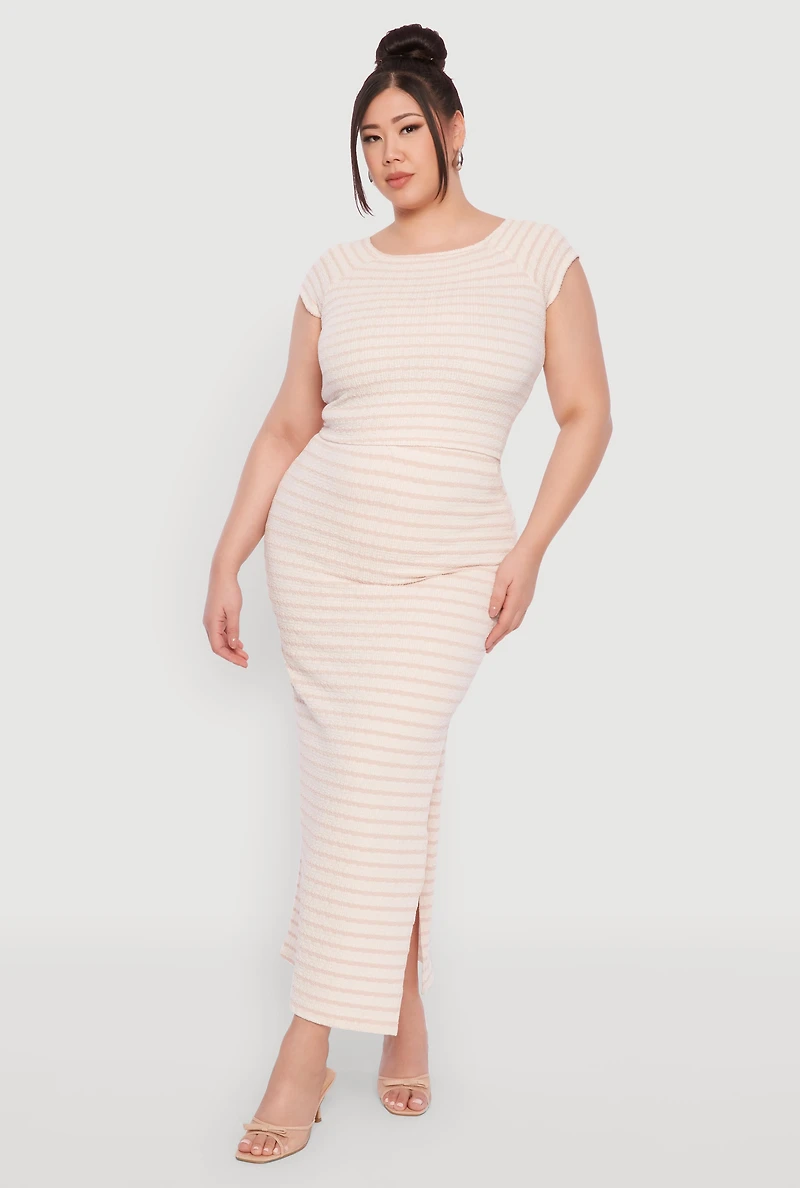 Womens Plus Size Almost Famous Textured Knit Striped Side Slit Skirt, Multi, Size 2X