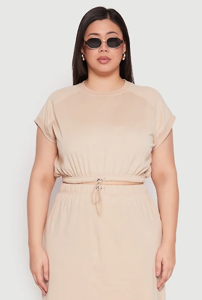 Womens Plus Size Almost Famous Short Sleeve Cropped Sweatshirt, Beige, Size 3X