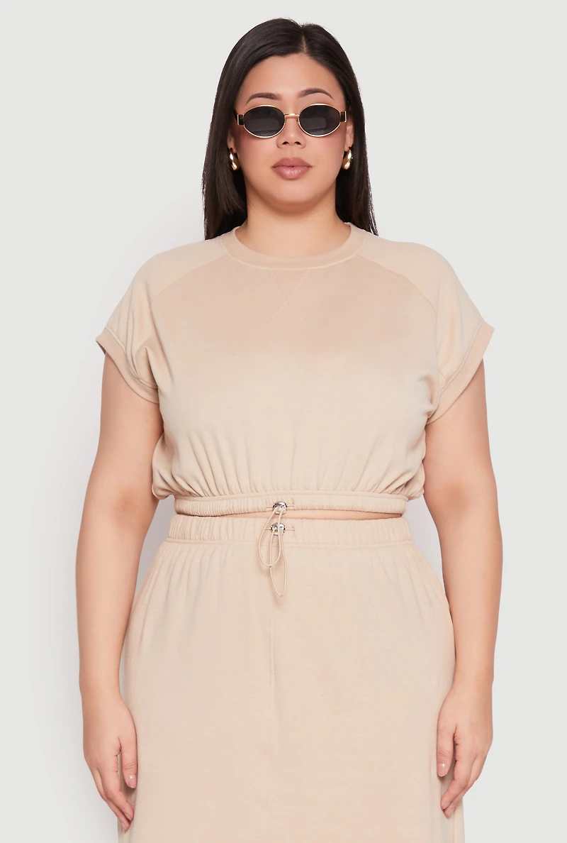 Womens Plus Size Almost Famous Short Sleeve Cropped Sweatshirt, Beige, Size 1X