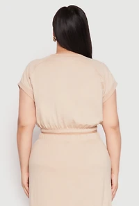 Womens Plus Almost Famous Short Sleeve Cropped Sweatshirt, Beige,