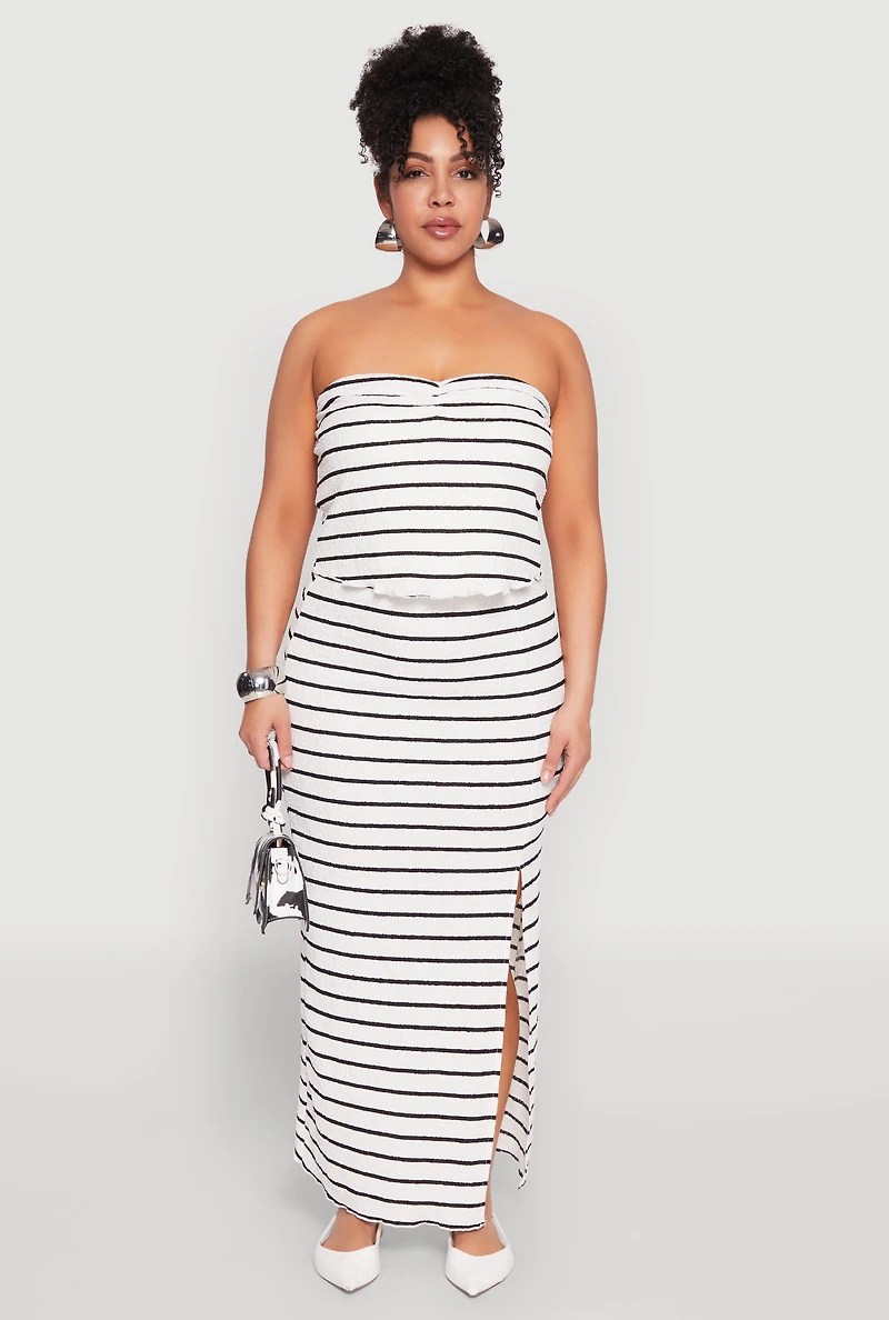 Plus Almost Famous Striped Textured Side Slit Maxi Skirt