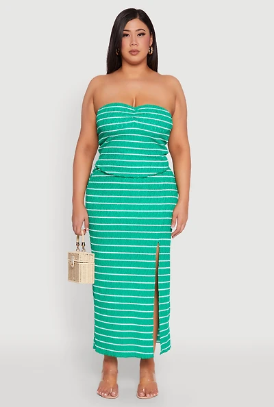Womens Plus Size Almost Famous Striped Textured Side Slit Maxi Skirt, Green, Size 3X