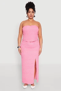 Womens Plus Size Almost Famous Striped Textured Side Slit Maxi Skirt, Pink, Size 2X