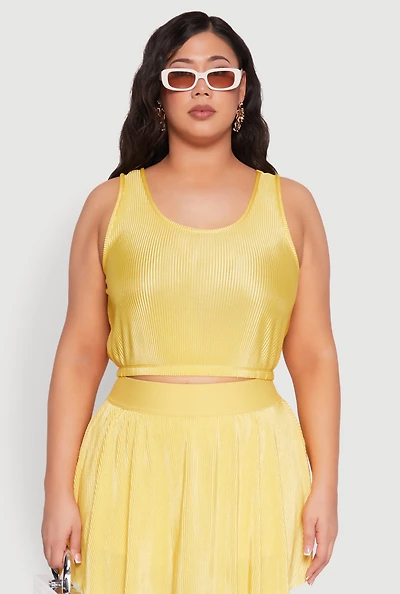 Womens Plus Size Almost Famous Plisse Cropped Tank Top, Yellow, Size 1X