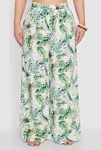 Womens Plus Size Almost Famous Tropical Print Palazzo Pants, Green, Size 3X