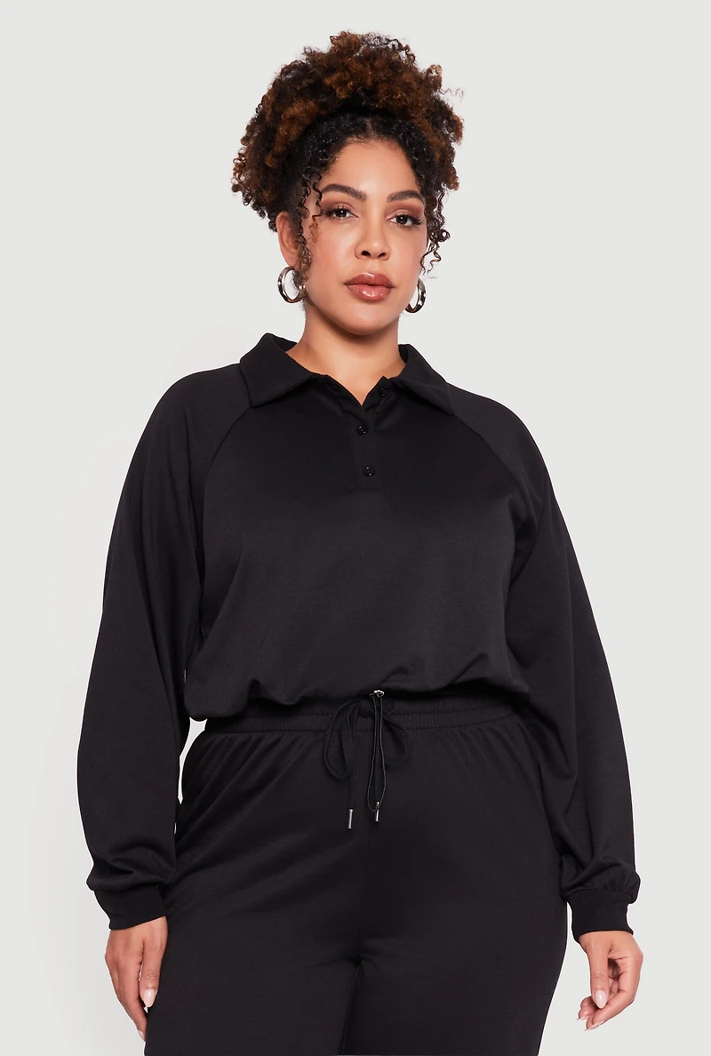 Womens Plus Almost Famous Drawstring Hem Collared Pullover, Black,