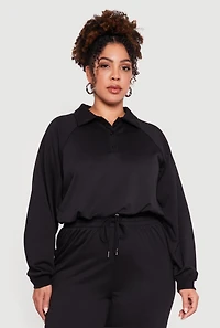 Womens Plus Almost Famous Drawstring Hem Collared Pullover, Black,
