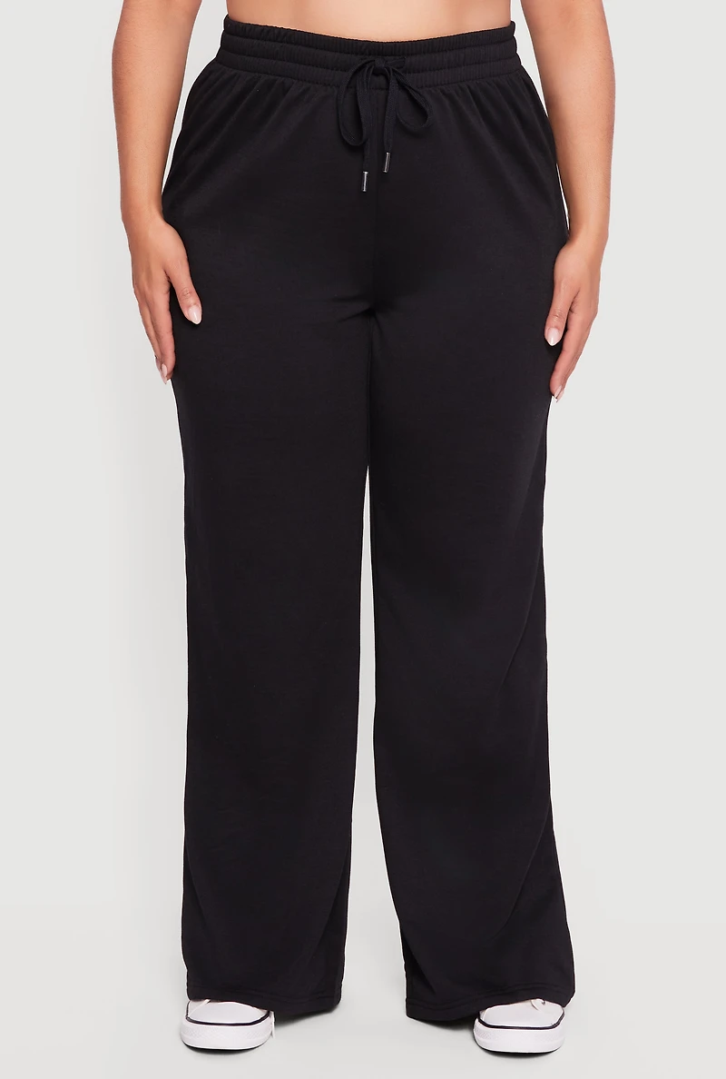 Womens Plus Size Almost Famous Drawstring Waist Wide Leg Sweatpants, Black, Size 1X