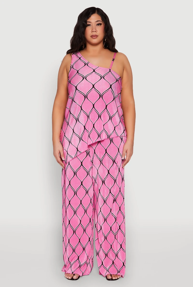 Plus Almost Famous Printed Plisse Wide Leg Pants