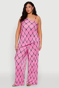 Womens Plus Size Almost Famous Printed Plisse Wide Leg Pants, Pink, Size 3X