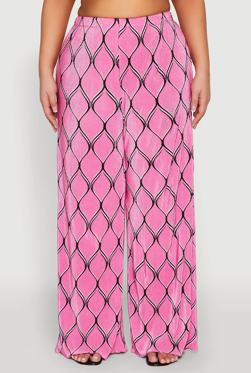 Womens Plus Size Almost Famous Printed Plisse Wide Leg Pants, Pink, Size 3X
