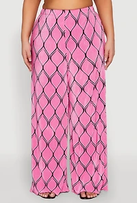 Womens Plus Size Almost Famous Printed Plisse Wide Leg Pants, Pink, Size 3X