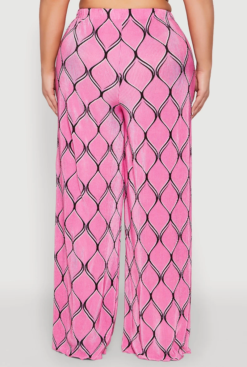 Womens Plus Size Almost Famous Printed Plisse Wide Leg Pants, Pink, Size 3X