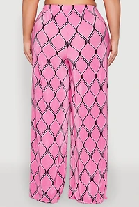 Womens Plus Size Almost Famous Printed Plisse Wide Leg Pants, Pink, Size 3X