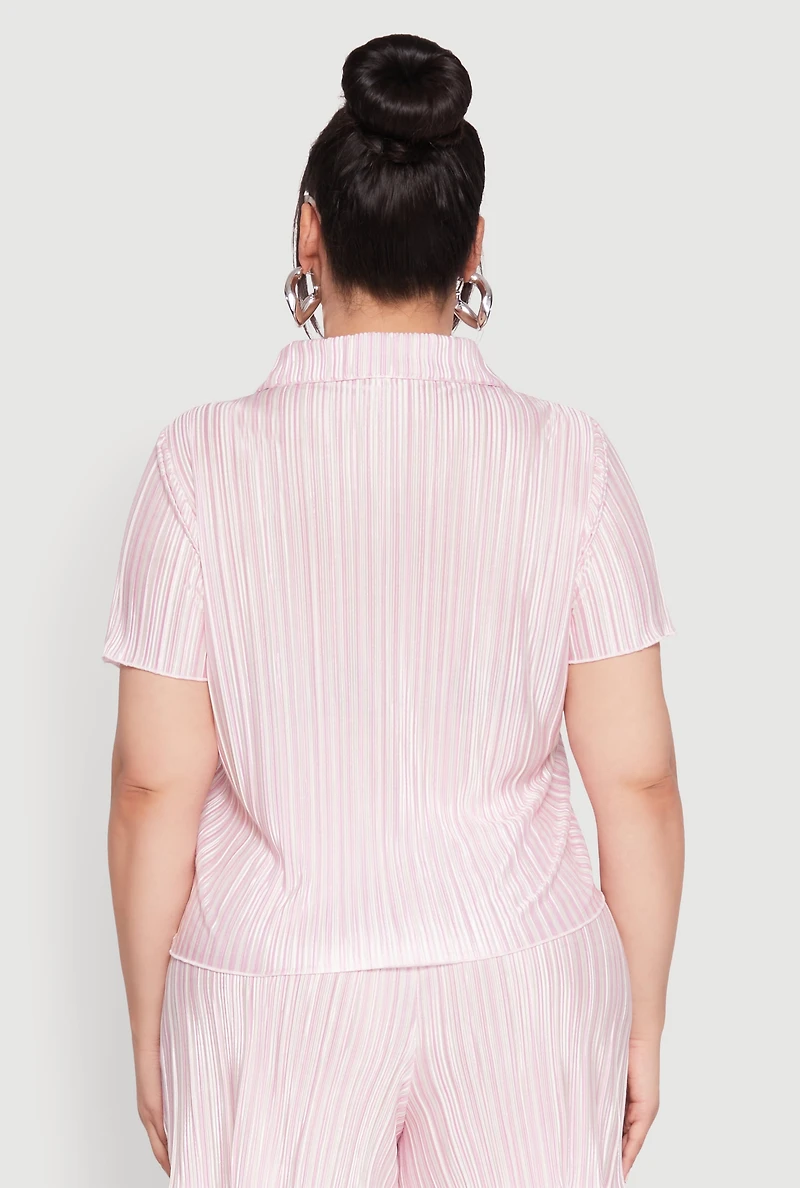 Womens Plus Size Almost Famous Plisse Striped Shirt, Pink, Size 1X